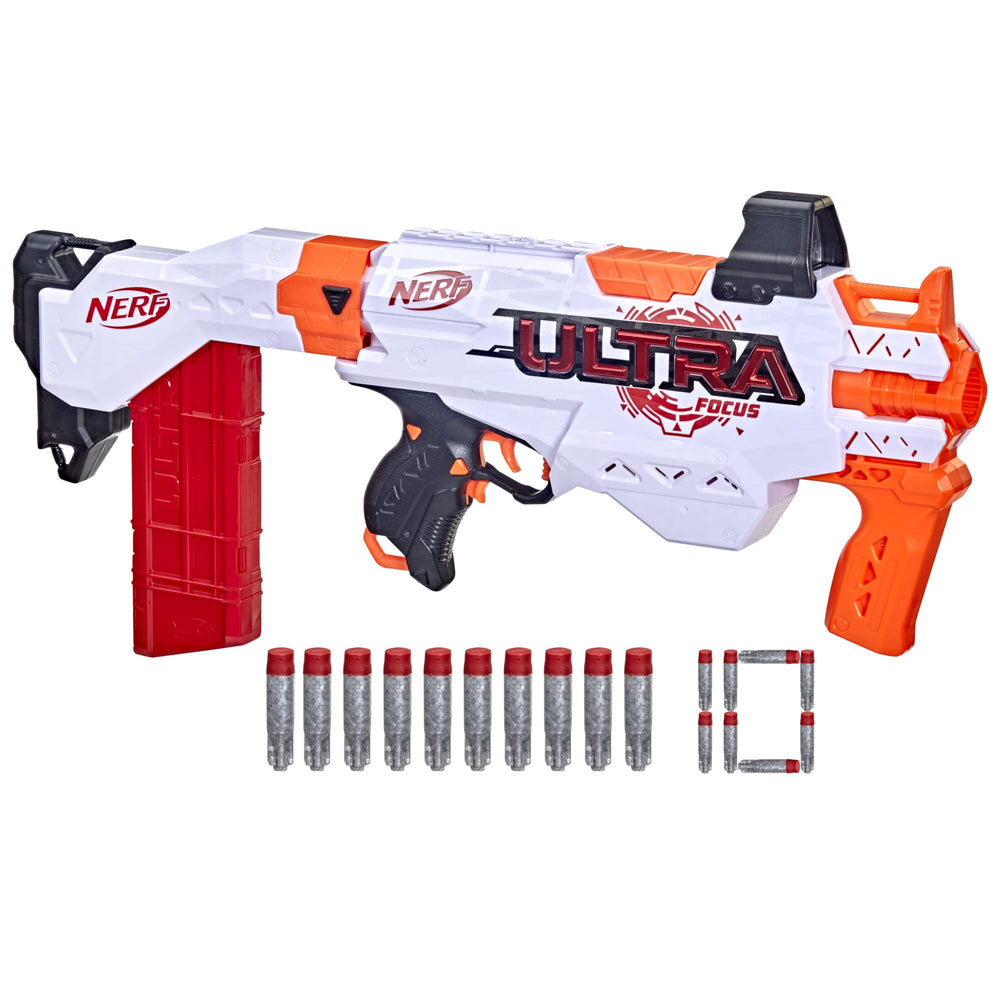 Nerf Ultra Focus motorized blaster, left-side view, ideal for rapid blasting in play.