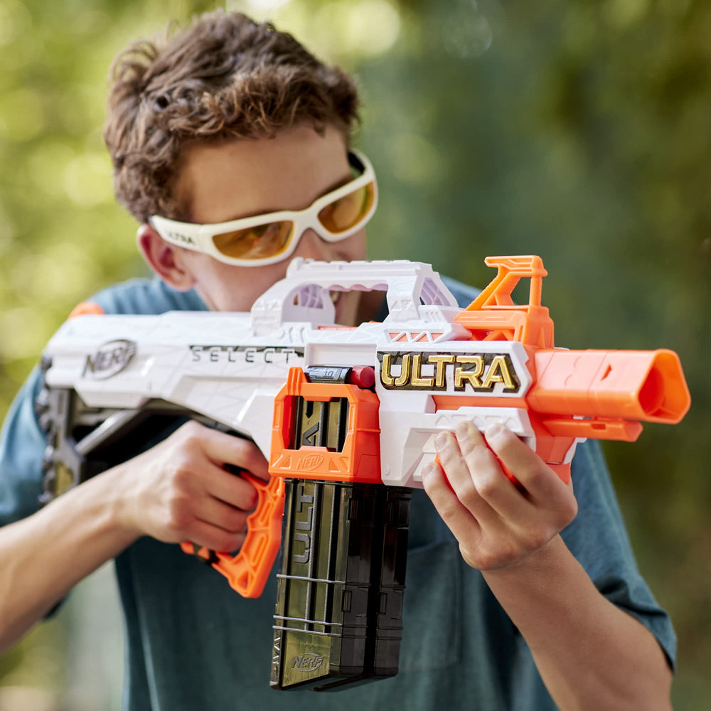 Nerf Ultra Select battery compartment opened to reveal power needs.
