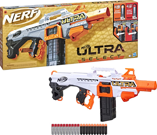 Nerf Ultra Select blaster front view for exciting backyard battles.
