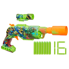 Nerf Zombie Driller front view with bold graffiti for outdoor action.