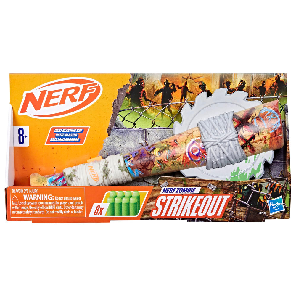 Nerf Zombie Strikeout blaster side graffiti highlights bold zombie aesthetics for immersive play.