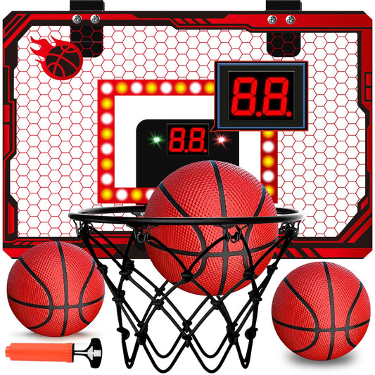 NESAPTO mini basketball hoop on door with LED scoreboard for easy indoor play.
