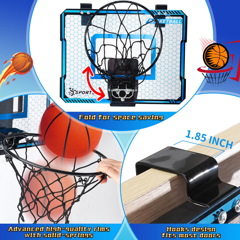 Door-hanging mini hoop with electronic scoreboard for quick family games.