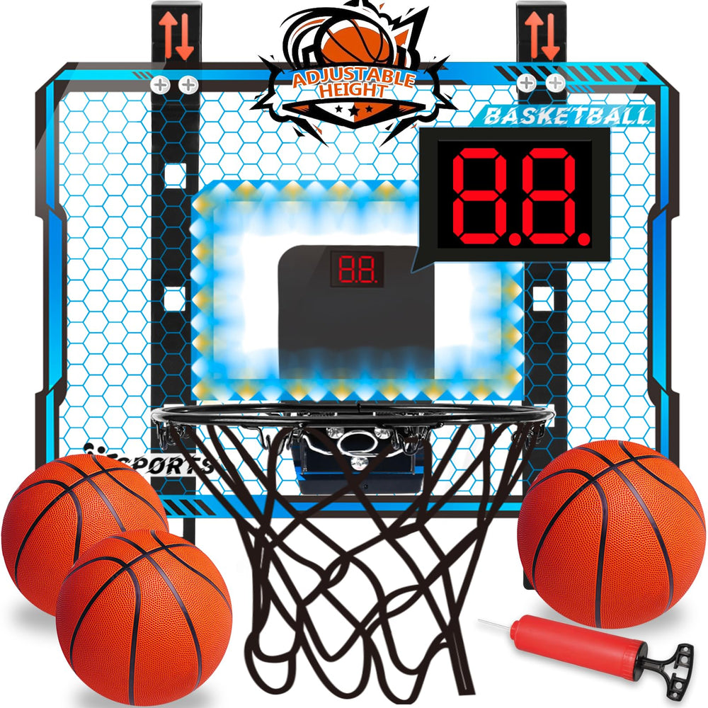 NEUBSAW adjustable-height indoor basketball hoop with LED lights for indoor family play.