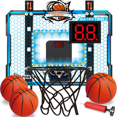 NEUBSAW adjustable-height indoor basketball hoop with LED lights for indoor family play.