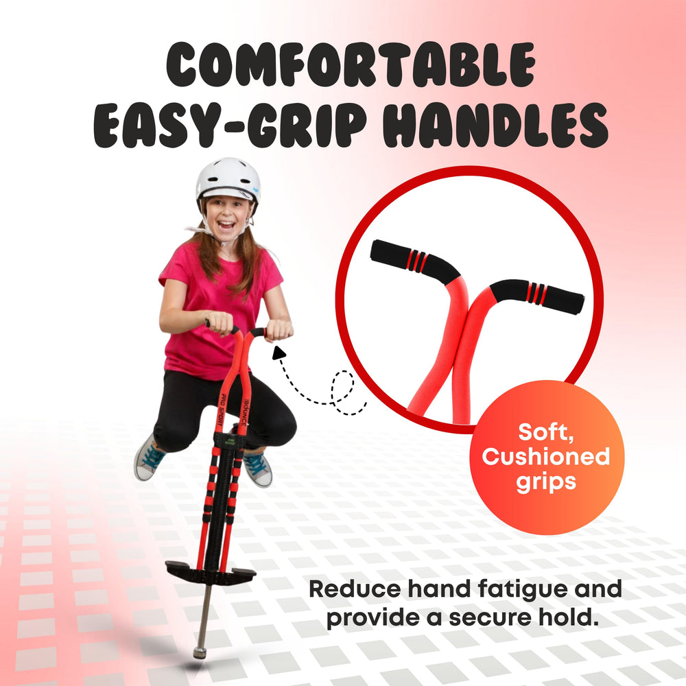 New Bounce Pogo Stick Kids easy-grip foam handles increase comfort.