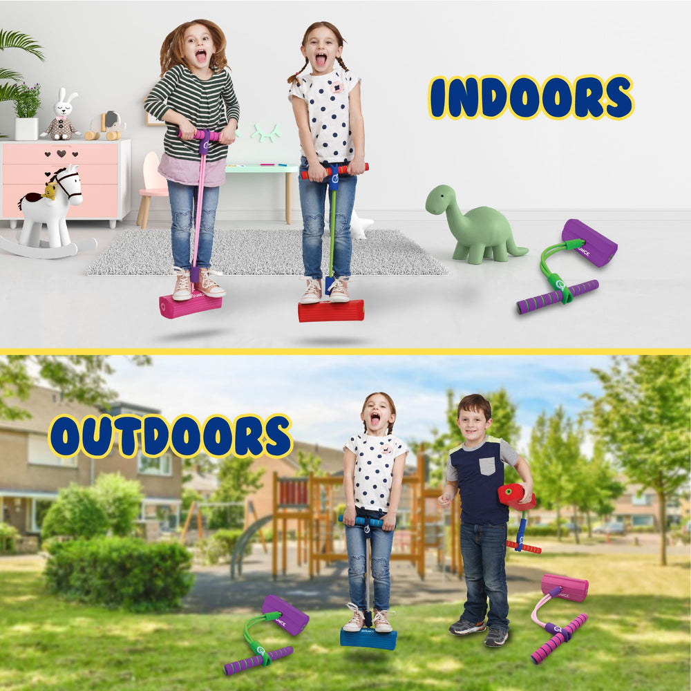 Squeaker feature on New Bounce pogo stick adds playful sounds during jumps