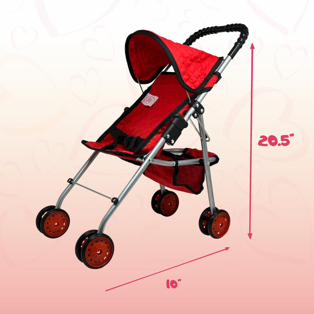 The New York Doll Collection beige butterfly-print stroller adds charm for imaginative outings.