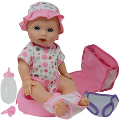 The New York Doll Collection drinking doll action encourages hands-on potty training play.