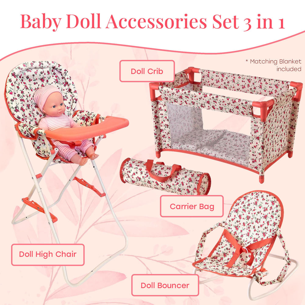 The New York Doll Collection floral bouncer seat, easy to move during playdates.