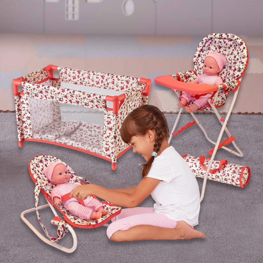 The New York Doll Collection floral high chair, sturdy for daily pretend meals.