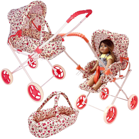 The New York Doll Collection floral doll stroller side view for imaginative play.