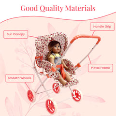 The New York Doll Collection floral doll stroller with retractable canopy protects sunshine.