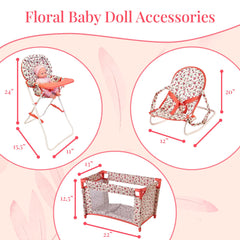 The New York Doll Collection floral pack n' play crib, portable for travel.