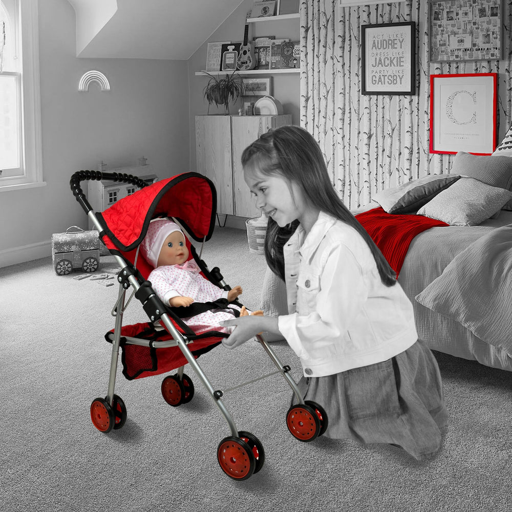The New York Doll Collection foldable doll stroller with red quilt shows easy folding for storage.