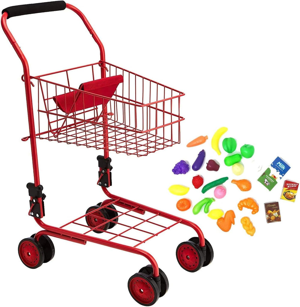 The New York Doll Collection shopping cart red highlights sturdy frame for durable pretend play.