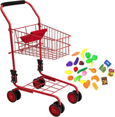 The New York Doll Collection shopping cart red highlights sturdy frame for durable pretend play.