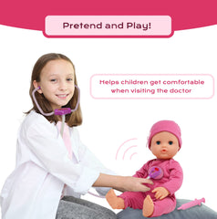 Toy thermometer included for pretend temperature checks during checkups