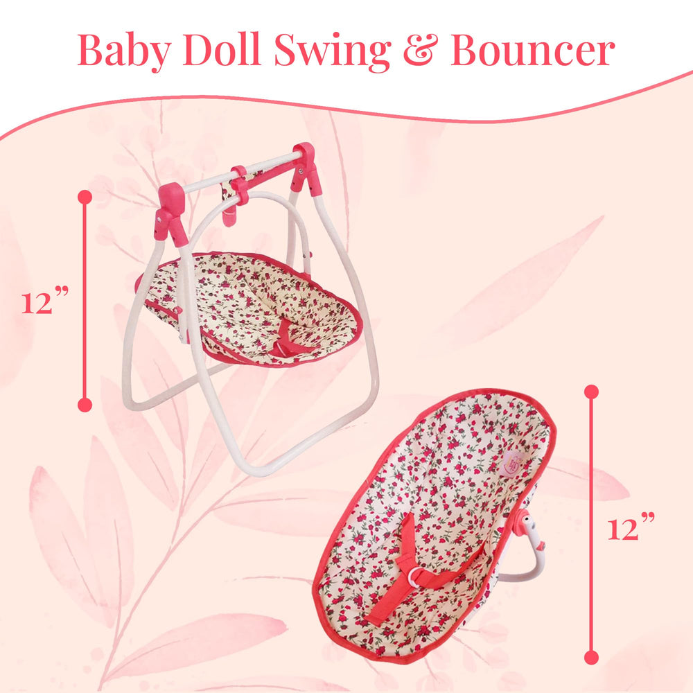 Includes stroller, crib, and swing for complete pretend play on the go.