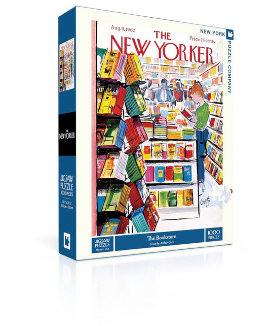 New York Puzzle Company New Yorker The Bookstore puzzle box front, ideal gift for puzzle lovers.