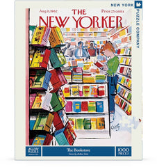 New York Puzzle Company New Yorker The Bookstore puzzle pieces feature random cuts for a unique challenge.