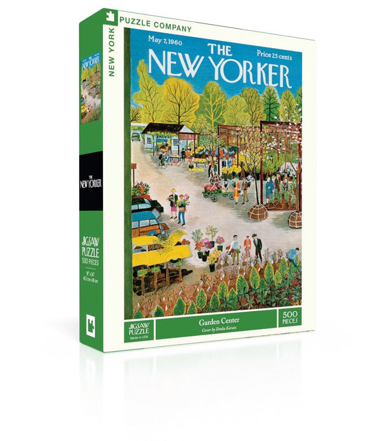 New York Puzzle Company New Yorker Garden Center cover—vibrant urban flora for family puzzle time.