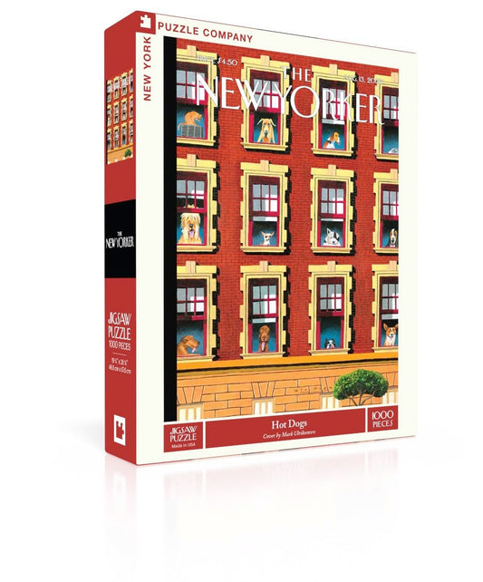 New York Puzzle Company New Yorker Hot Dogs cover illustration for engaging family puzzle nights.
