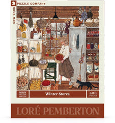 Detail of the Winter Stores artwork by Loré Pemberton with tranquil woodland hues.