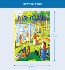 New York Puzzle Company urban skyline peeking through trees Central Park art-inspired puzzle.