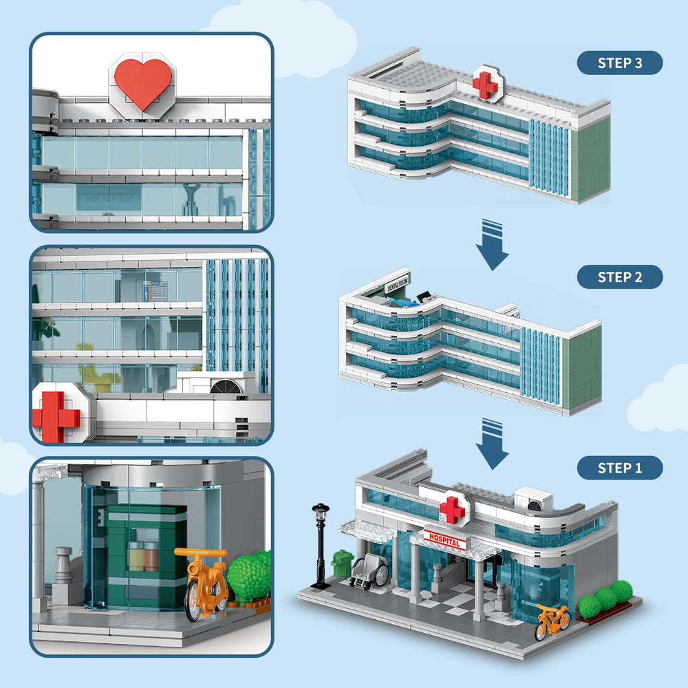 NEWABWN City Hospital toy showcases a modular three-story layout for immersive building play.