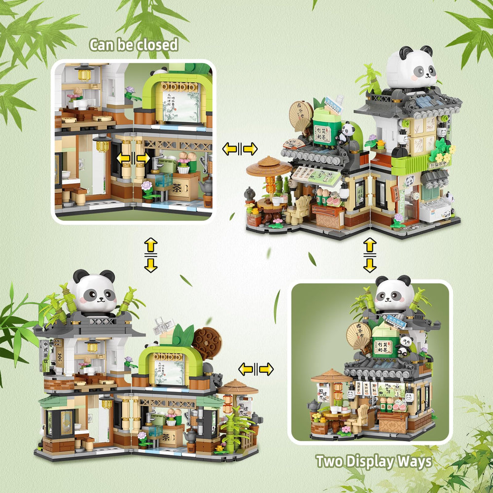 NEWABWN Street View Tea Shop panda figures add cute charm to kids' imaginative scenes.