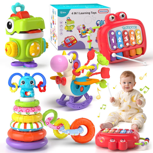 Newcrave 4-in-1 baby toy with stacking, sounds, and colors promotes early exploration.