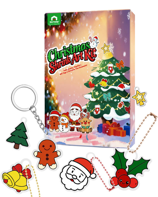 NewFamily Christmas Shrink Art Kit with six pieces for quick kid-friendly crafts.