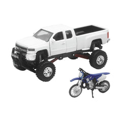 NewRay 1:32 scale white Chevy with YZ125 dirt bike set, ideal for display and collectors