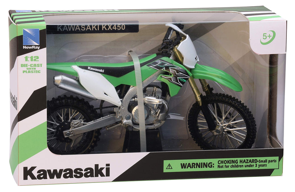NewRay Kawasaki KX 450F 1/12 diecast top view highlights precise decals and color