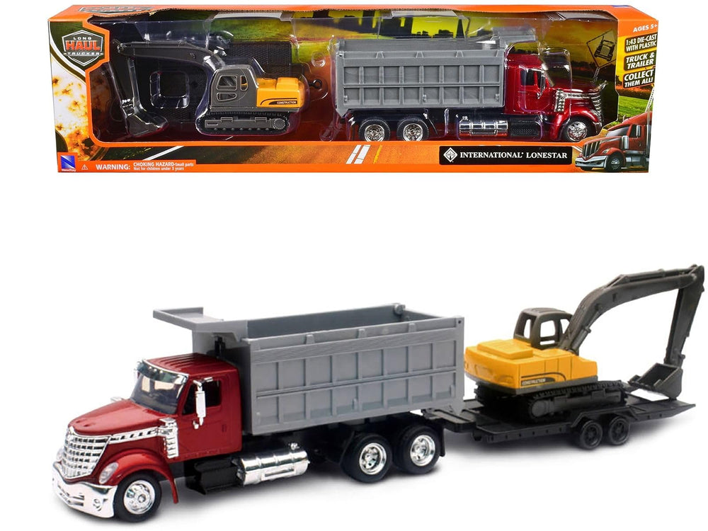 NewRay Lonestar dump truck with excavator, 1:43 scale diecast, ideal for display and pretend construction play.