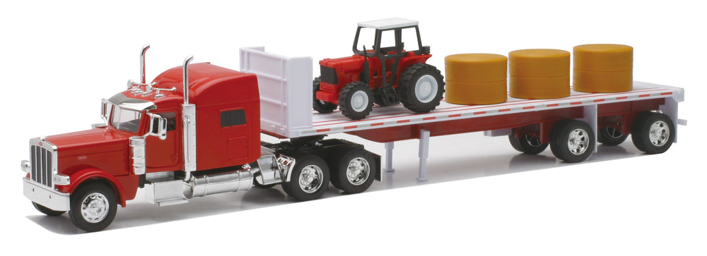 NewRay Peterbilt 389 flatbed truck with red farm tractor and hay bales for realistic display