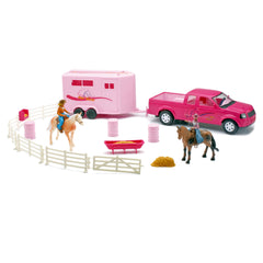NewRay pink pickup truck and trailer set for imaginative play and easy horse loading