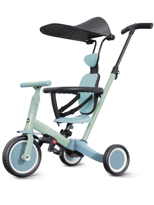 Newyoo toddler bike with canopy and push handle for shade and control.