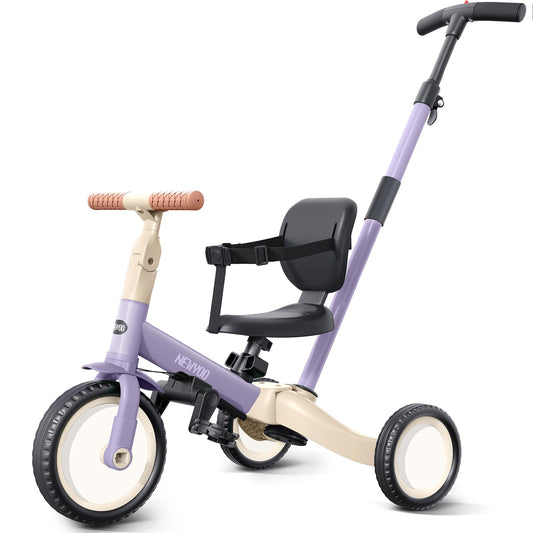 newyoo toddler tricycle with push handle in purple, front view for easy parental control.