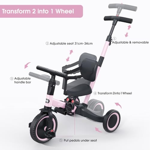 newyoo TR007 pink tricycle rotating push handle enables easy steering