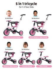 Newyoo TR008 pink tricycle adjustable seat for growing kids.