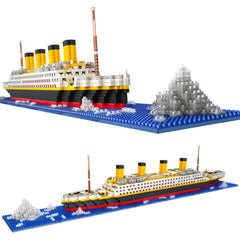 NEWZACCIT Titanic model assembly close-up highlighting interlocking bricks for focused building.