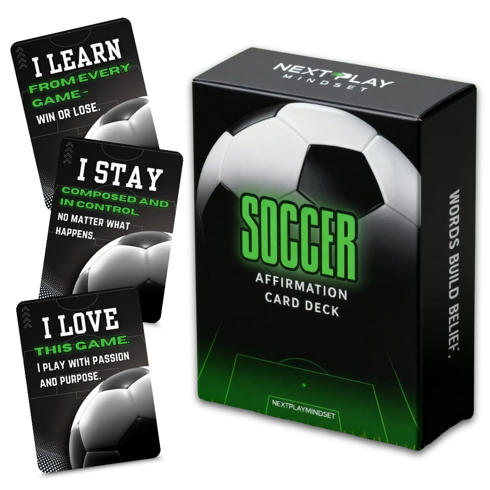 Next Play Mindset soccer affirmation deck front cover boosts anticipation and focus before matches.