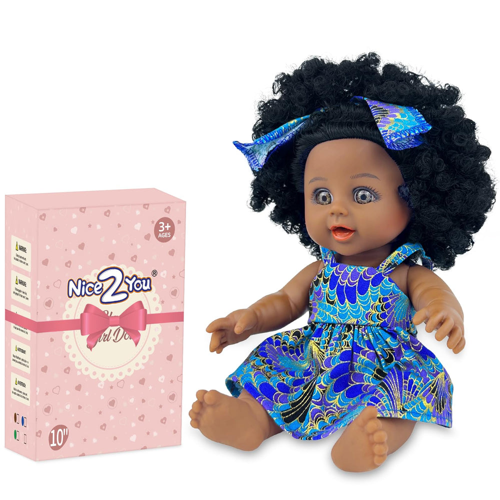 Nice2you 10-inch black doll wearing a dress for dress-up play.