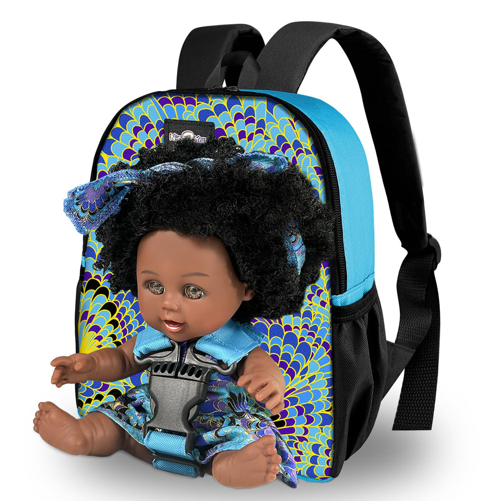 Nice2you black baby doll with backpack carrier enables portable playtime.