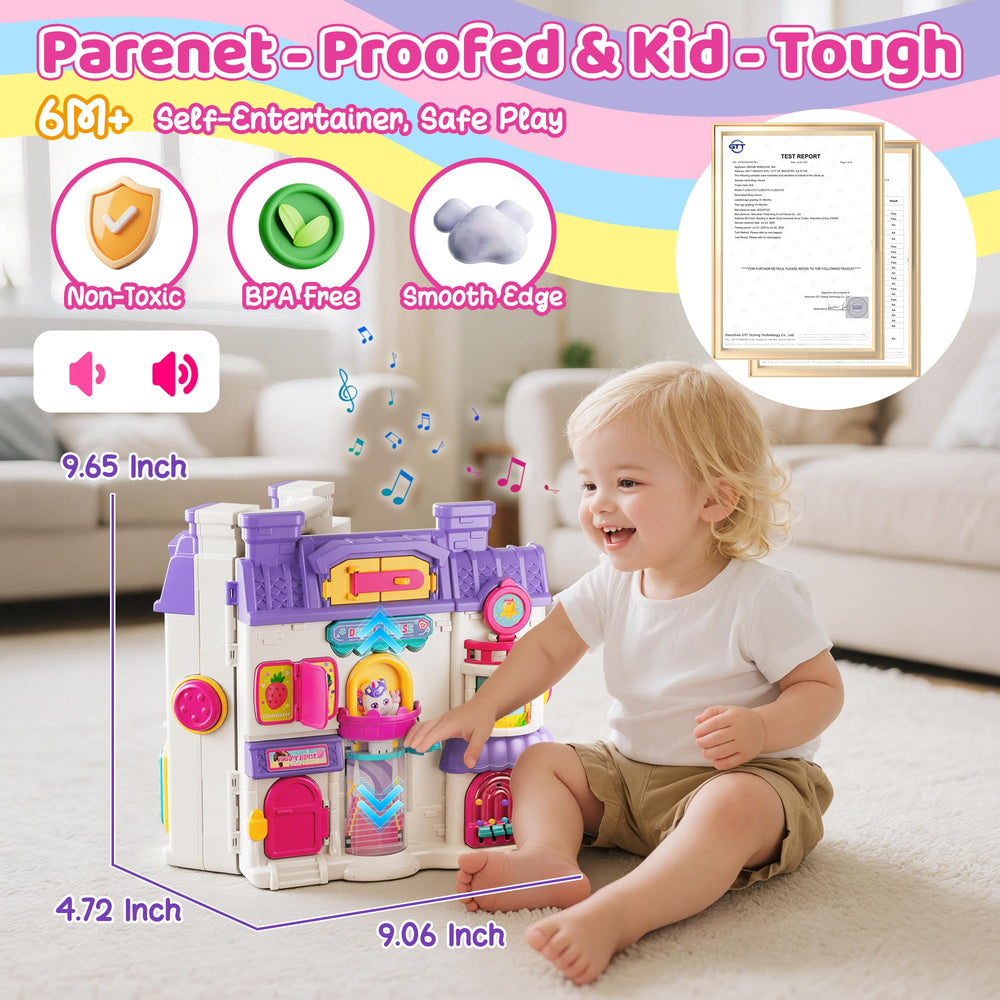 Nicella Busy Board microwave fosters pretend cooking and fine motor actions.