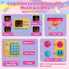 Nicella Busy Board scene dress-up area supports sensory play and imagination.