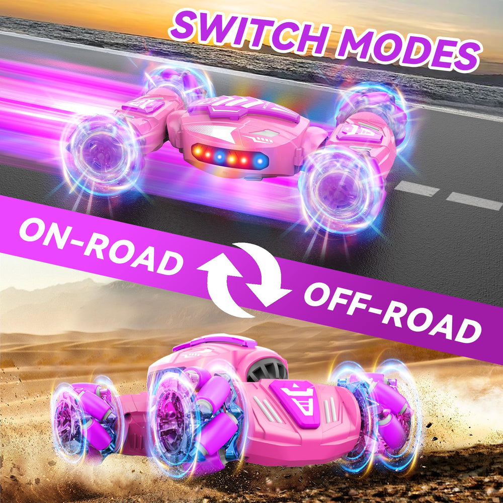 Nicella Gesture Sensing RC Stunt Car side view showing durable tires for all terrains.