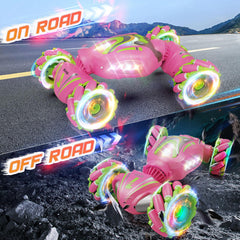 Nicella pink RC car side view with bright LEDs for nighttime racing